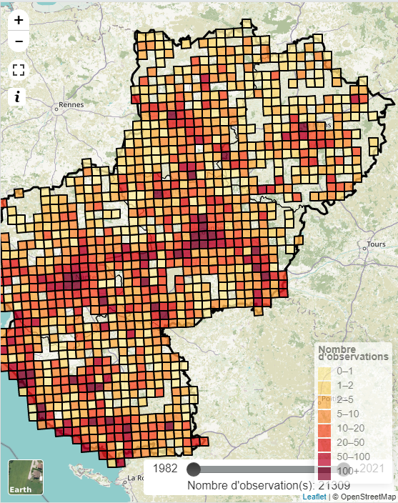 Carte de connaissance de la répartition du Martinet noir (Source : Portail Biodiv’Pays de la Loire)